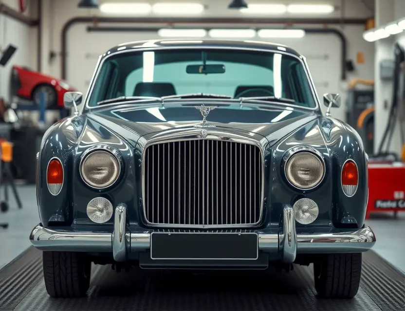 Замена лобового стекла Bentley Eight A high-quality, realistic photograph of a classic Bentley Eight sedan parked in a professional auto body shop. The car is positioned at a three-quarter angle, showcasing the front and driver's side. The windshield is clearly visible, appearing pristine and newly installed, reflecting the clean, bright lighting of the workshop. The chrome grille, bumper, and classic round headlights are gleaming. The background features blurred automotive tools and a clean workshop environment, emphasizing the ve