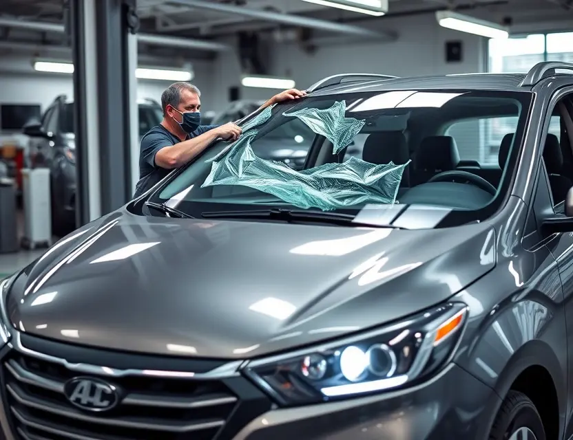 A 2017 AC Ace car with a damaged front windshield being replaced by a professional mechanic in a well-lit auto service center, showing the new clear windshield being installed, no people in the foreground, focus on the car and the replacement process