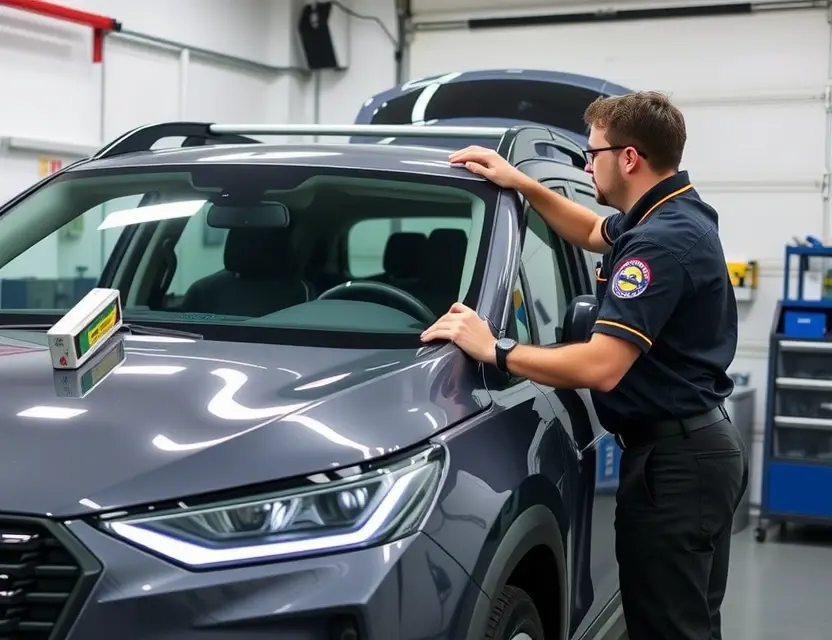 Замена лобового стекла Denza N7 A professional automotive technician replacing the windshield of a Denza N7 electric SUV, with tools and safety equipment visible, in a well-lit garage setting, no text or logos