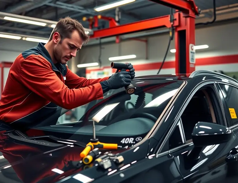 Замена лобового стекла Cupra Leon A car mechanic replacing the windshield of a Cupra Leon, with professional tools and safety equipment, in a well-lit auto repair shop, realistic details of the vehicle and workspace