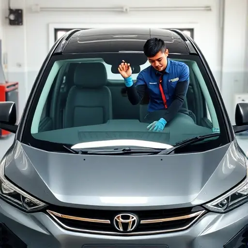 A realistic scene of a Brilliance V7 (2018-2022 model) parked in a clean garage, with a professional mechanic in a uniform carefully removing the old windshield and installing a new one. The focus is on the car's front view, showing the windshield frame, tools such as suction cups and a windshield removal tool, and the new glass being positioned. The lighting is bright and even, highlighting the glass and the car's sleek design, without any text or logos.
