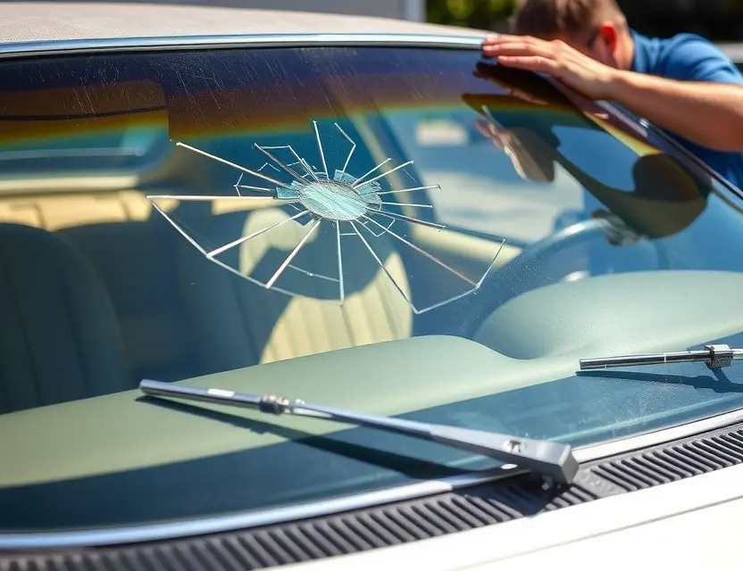 A Mercury Marauder with a cracked windshield being replaced by a mechanic. The car is parked outdoors on a sunny day. Focus on the replacement process and the mechanic's tools.