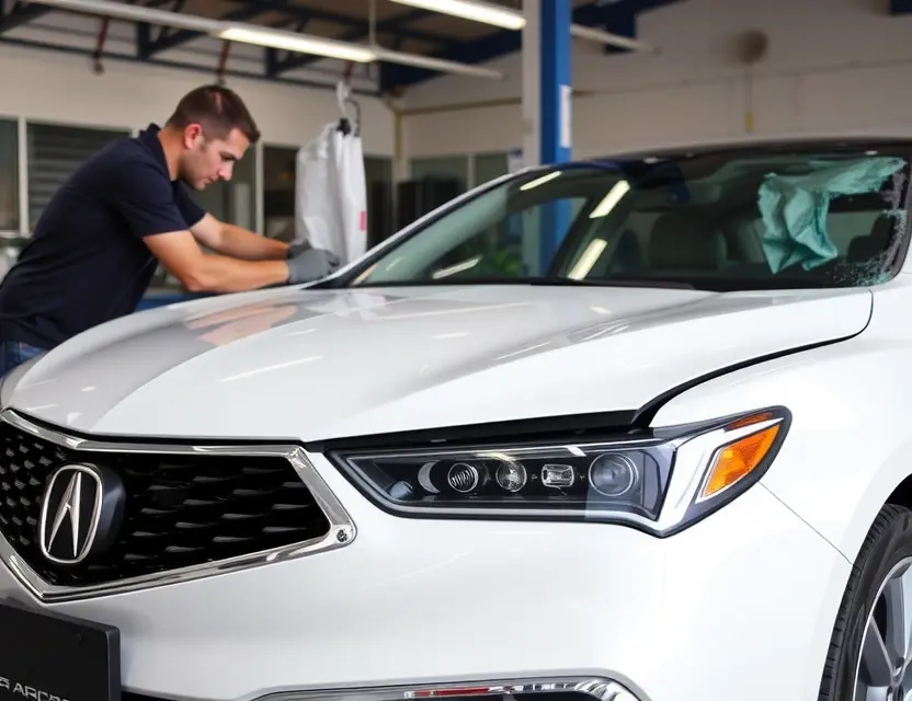 A modern Acura RLX car with a damaged front windshield being replaced by a professional technician in a well-lit auto service center, clean and professional environment, no text or logos visible
