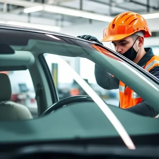 Замена лобового стекла Ansted Electric A clean, high-quality close-up of a car windshield being carefully installed on a vehicle, with a professional technician in safety gear using specialized tools, set in a bright, organized auto repair shop environment, no text or logos visible
