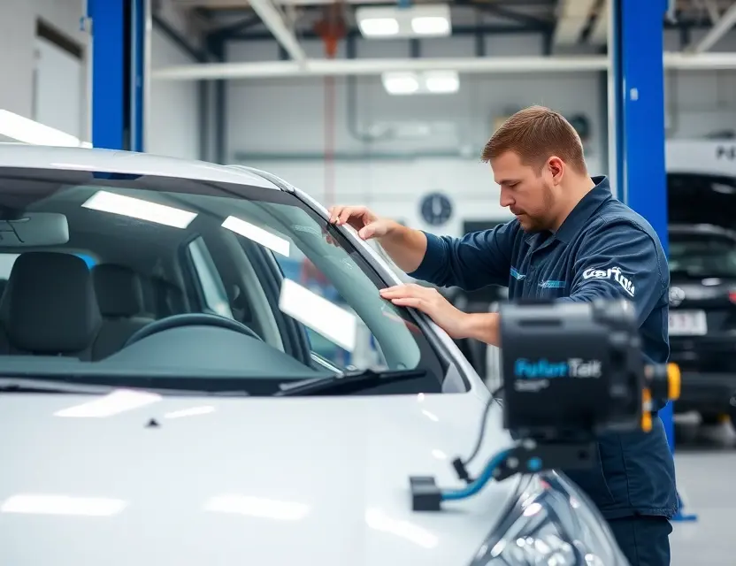 Предлагаем услугу по замене лобового стекла Arash A professional automotive service center showing a technician carefully replacing a windshield on a car, with modern tools and equipment, clean and well-lit environment, no text or logos visible