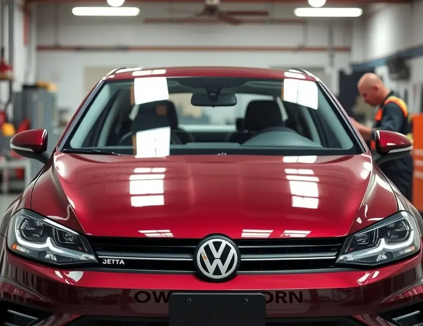 A high-quality, realistic photo of a Volkswagen Jetta in a professional auto repair shop with its front windshield removed, showing the clean frame and adhesive residue, with a mechanic in safety gear preparing the area for glass replacement, bright workshop lighting, detailed car body, no text or logos