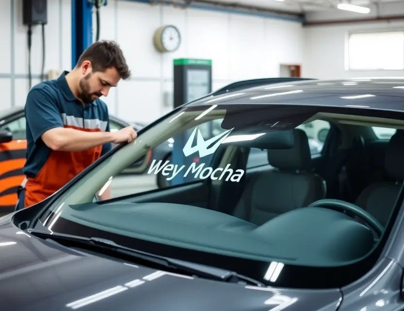 A high-quality image depicting a car windshield replacement service offered by Wey Mocha. The image should showcase a technician working on a car windshield, with the Wey Mocha logo prominently displayed. The car should be a modern sedan, and the background should be a clean, professional garage setting. Focus on the precision and quality of the replacement process.