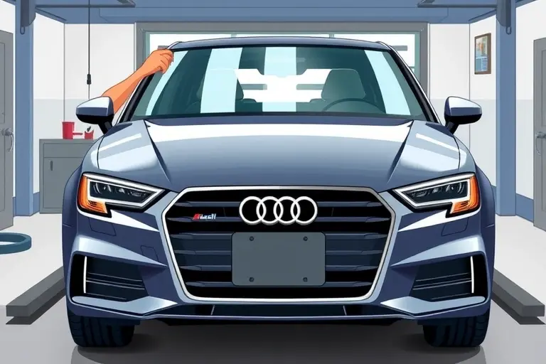 A realistic illustration of an Audi A3 2.0 TDI (model years 2016‑present) in a workshop, showing the front windshield being removed and a new glass ready to install, with a mechanic's hands holding tools, clean garage background, focus on the car's front view and glass replacement process.