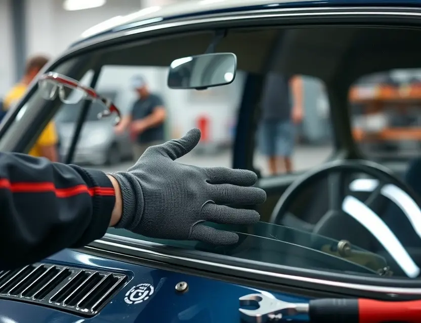 A close-up shot of a Moskvich car windshield being replaced by a mechanic. The mechanic is wearing gloves and a safety glasses. The windshield replacement process is visible, with tools and parts around. Focus on the details of the replacement and the mechanic's hands.