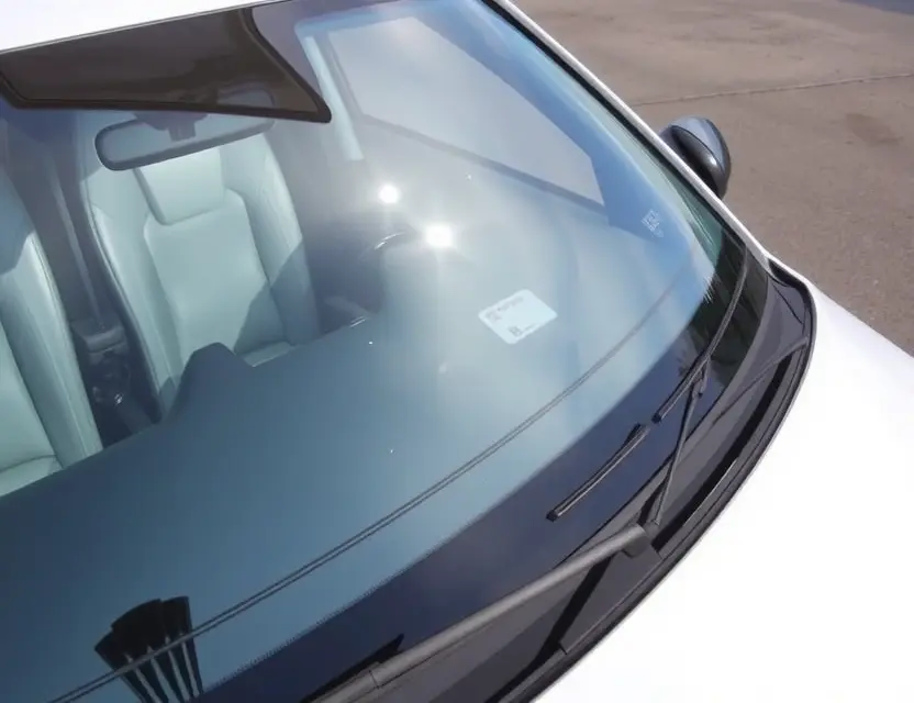 A close-up shot of an Exeed TXL car with a replaced windshield. The windshield is clear and new, contrasting with the older, slightly damaged windshield. The car is parked on a clean, paved surface. Focus on the windshield replacement detail.