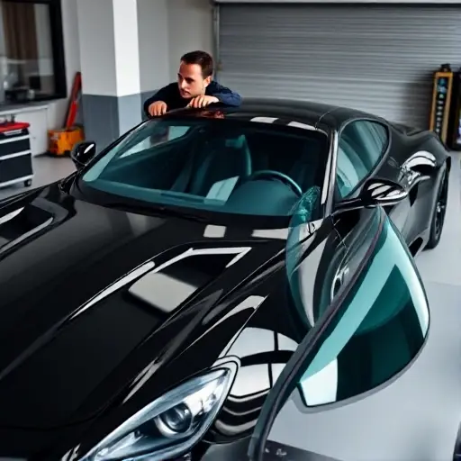 A high-end Brabus 800 XLP 4.0 V8 biturbo sports car parked in a modern garage, with a technician carefully removing the damaged windshield and a brand-new windshield positioned nearby on a clean workbench. The scene highlights the sleek lines of the car, the glossy black paint, and the precision tools used for the replacement, captured in a realistic, detailed style.