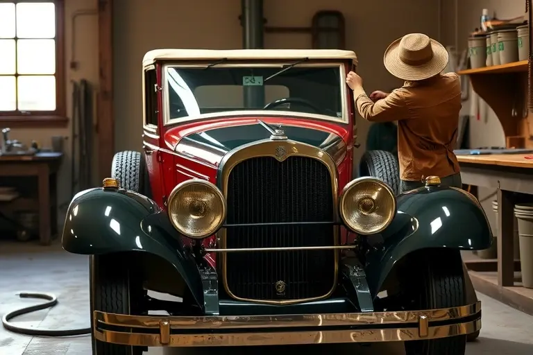 A vintage 1926-1928 Auburn 8-88 automobile parked in a classic 1920s garage, with a mechanic in period-appropriate work attire carefully removing the old windshield and installing a new, clear glass windshield. The scene captures the detailed bodywork, the distinctive front grille, and the historic atmosphere of an early automotive workshop, with tools and wooden workbench visible, but no modern elements.
