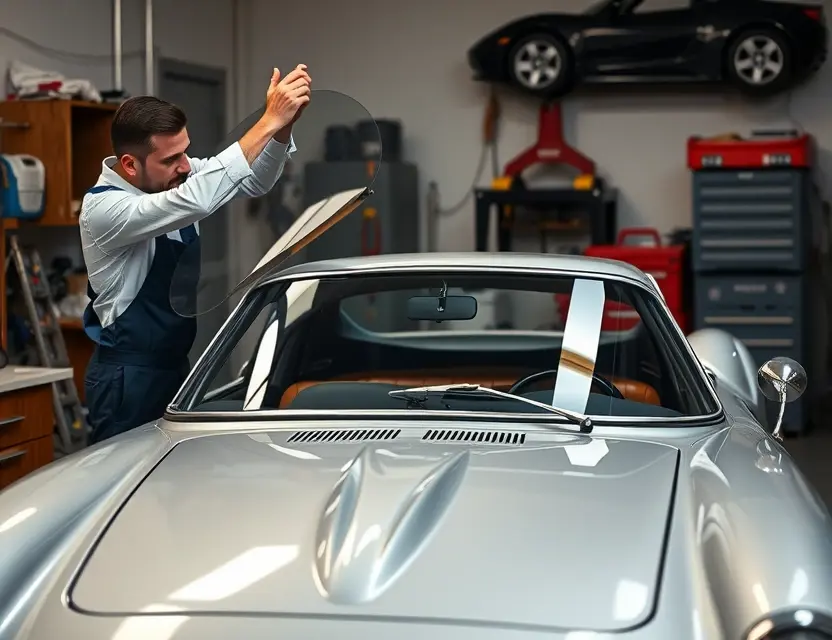 Замена лобового стекла Iso Grifo A detailed image of a professional mechanic replacing the windshield of an Iso Grifo, a classic Italian sports car. The scene should include the mechanic carefully removing the old windshield and preparing to install the new one, with various tools and equipment neatly arranged around the car. The car should be in a well-lit garage or workshop, showcasing the sleek design of the Iso Grifo.