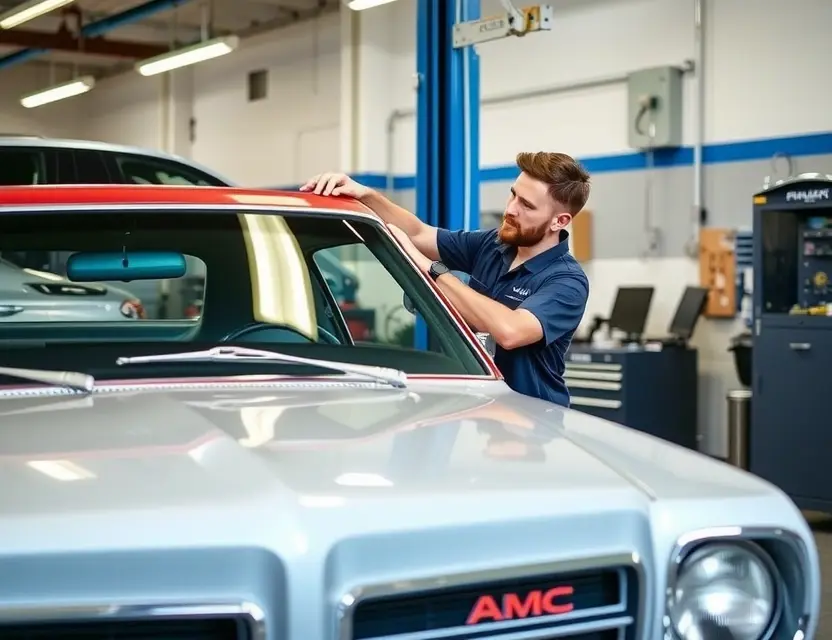 A professional automotive service center showing a technician carefully replacing the windshield of an AMC Matador car, with modern tools and equipment visible, clean and well-lit environment, no people other than the technician, no text or logos