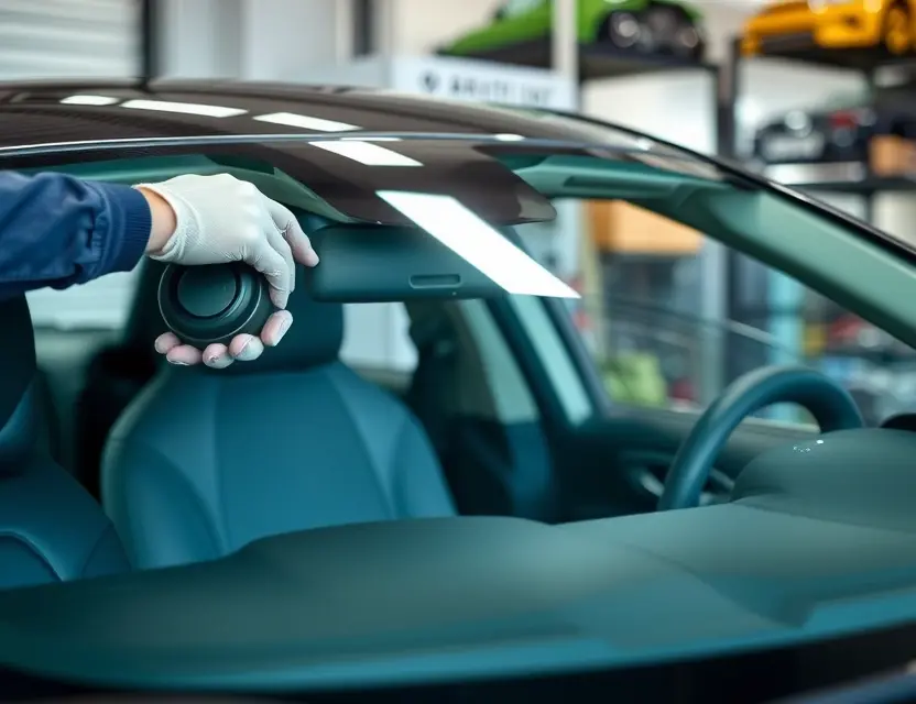 A close-up shot of a car windshield being replaced by a technician. The windshield is being held in place while the new one is being installed. The car is a modern sedan, and the technician is wearing safety glasses and gloves. Focus on the replacement process and the new windshield.