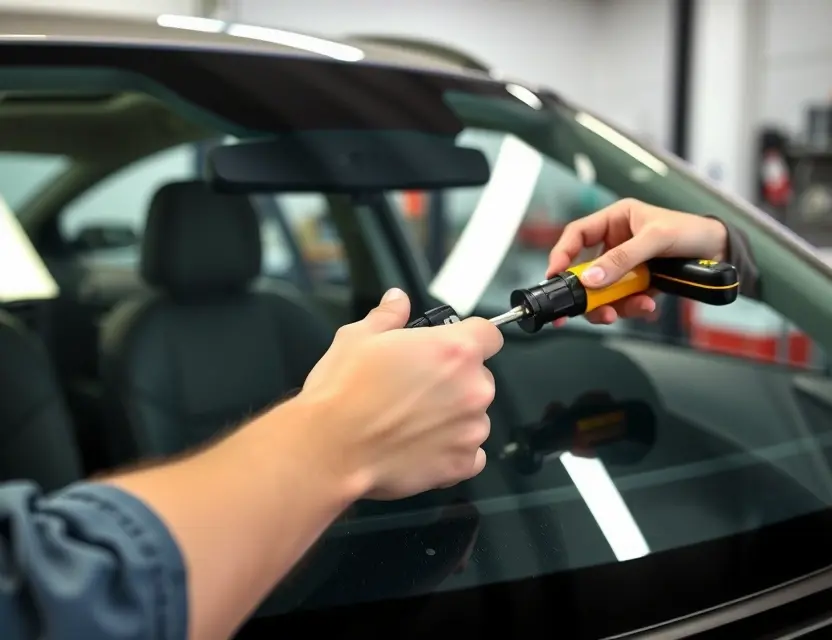 A close-up shot of a mechanic working on a JAC car windshield replacement. The focus is on the hands of the mechanic using tools to remove the old windshield. The background should be a clean, well-lit garage environment.