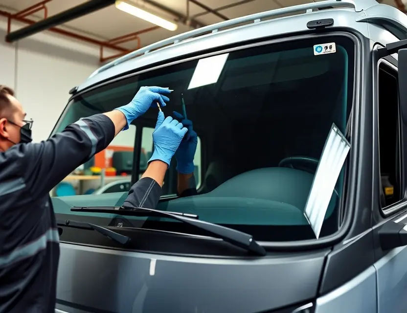 A detailed view of a professional mechanic replacing the windshield of a Foton Gratour V5 vehicle. The scene should include the mechanic wearing safety gloves and using specialized tools to carefully remove the old windshield and install the new one. The vehicle should be parked in a well-lit garage or workshop, with the hood open to show the engine compartment. The mechanic should be focused on the task, ensuring precision and safety.