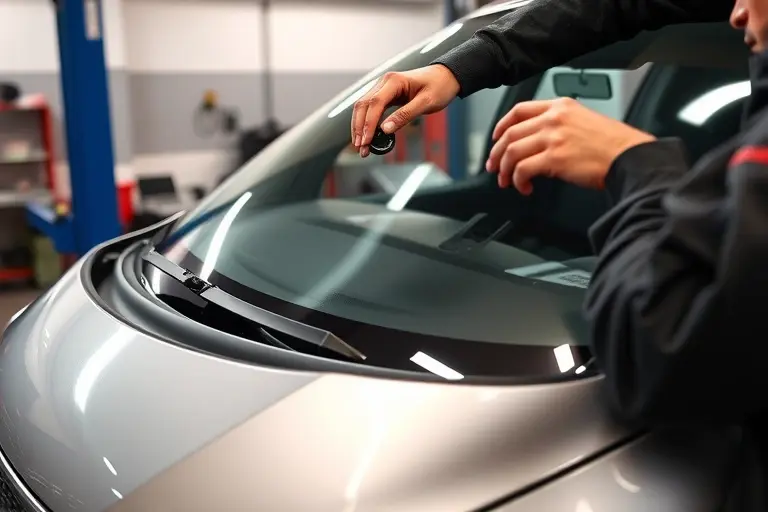 A close-up of a mechanic replacing the windshield of a Changan CS75 Plus 2.0 Turbo 233 hp. The image shows the car’s front side with the old glass removed and a new glass being installed. The mechanic’s hands are visible using a suction cup and a wedge, with a cleaning cloth and protective cover nearby. The setting is a garage with a workbench, a car lift, and soft indoor lighting. Focus on the car’s front, the windshield area, tools, and the new glass, with no text or numbers.