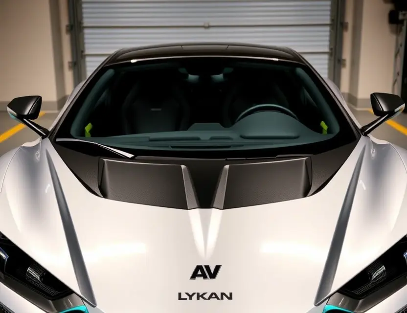 A W Motors Lykan HyperSport with a newly replaced windshield, showing a clean, seamless installation with no visible seams or imperfections, parked in a modern garage with soft ambient lighting, highly detailed car exterior, realistic reflections on the glass, no people, no text, no logos