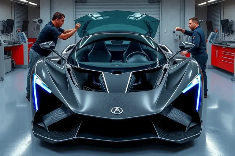 A sleek, futuristic supercar concept named Carbonado, with the front windshield removed, exposing the interior frame and dashboard. Mechanics in a high-tech workshop are carefully installing a new, curved, tinted glass windshield. The car features aggressive aerodynamic lines, carbon fiber body panels, and glowing LED headlights. The background is a modern, clean garage with advanced automotive equipment.