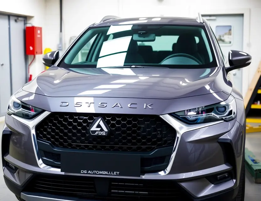 Замена лобового стекла DS Automobiles DS 7 Crossback A DS Automobiles DS 7 Crossback with a newly replaced front windshield, shown in a clean, well-lit garage setting, no people, no tools, no text, no labels, realistic automotive detail