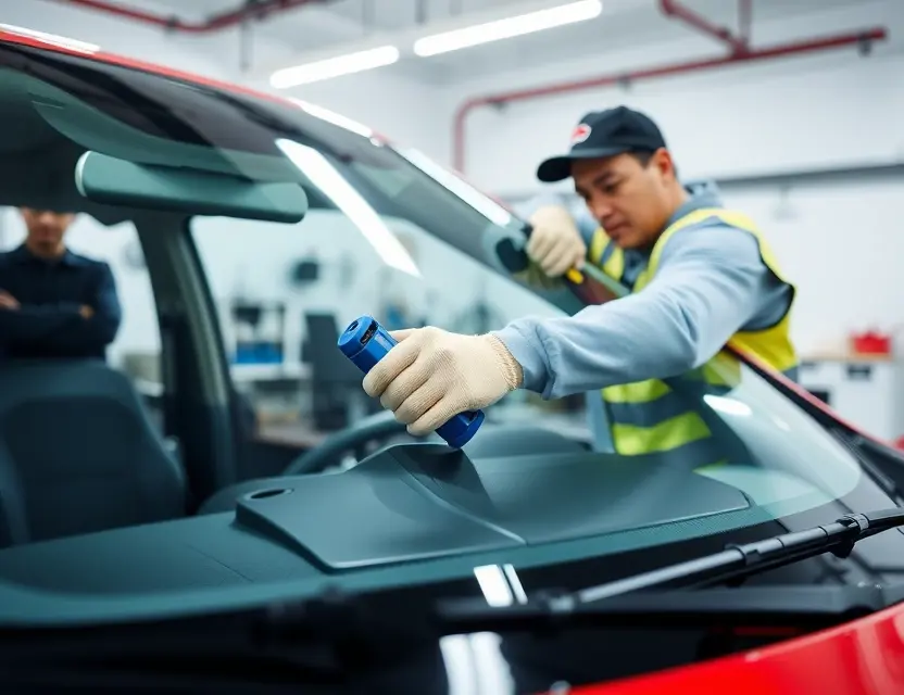 A close-up shot of a Beijing BJ60 car windshield being replaced by a technician. The technician is wearing a safety vest and gloves, and is using specialized tools. The background is a clean, well-lit garage. Focus on the replacement process and the tools involved.