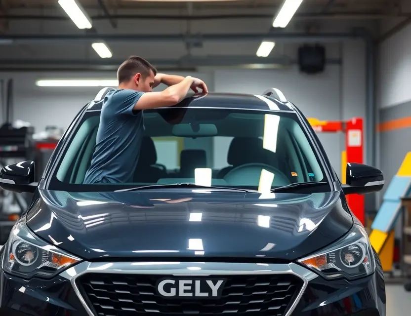 A car mechanic replacing the front windshield of a Geely automobile in a well-lit garage, tools and new windshield visible, professional atmosphere, no text or labels