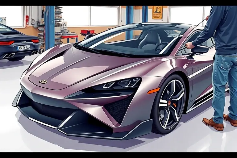 A high-detail illustration of a sleek, modern sports car resembling the Apollo N with a powerful V8 bi-turbo engine, shown from the side with its front windshield being carefully removed by a professional mechanic using specialized tools. The scene focuses on the car's front end, the partially detached windshield, and the mechanic's hands and equipment, set against a clean workshop background.