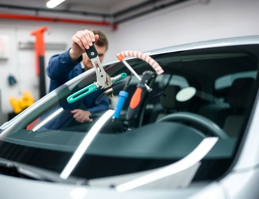 A close-up shot of a mechanic skillfully removing a windshield from a car. The focus should be on the tools and the process of windshield replacement. The car should be a modern sedan, and the workshop environment should be clean and well-lit.
