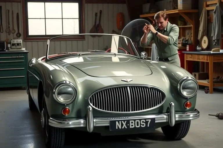 A classic 1950s AC Ace 2.0 L sports car parked in a vintage garage, with a mechanic in period-appropriate work clothes carefully removing the old windshield and holding a new, clear windshield ready for installation. The scene shows the car's distinctive rounded front, chrome details, and the surrounding tools and wooden workbench, all rendered in high detail and realistic lighting.