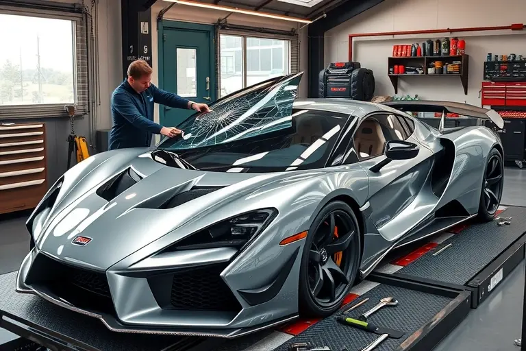 A realistic garage scene showing a mechanic carefully removing a cracked windshield from a sleek, high‑performance Arash AF10 sports car with a massive V8 supercharged engine and electric components, the car positioned on a lift, tools neatly arranged on a tray, with detailed reflections and lighting highlighting the metal and glass surfaces