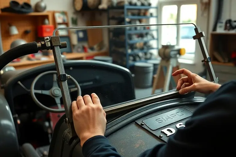 A detailed workshop scene showing a mechanic replacing the windshield of a 1924 Monte Carlo Sporting 1.0 L 30 hp car. The car is partially disassembled, with the old glass removed and a new glass being fitted. Tools such as a suction cup, a glass cutter, and a hand‑held vacuum are present. The background includes a workbench with automotive parts, a vintage car interior visible through the new glass, and a window with natural light. The focus is on the precision of the replacement process, with the mechanic’s hands and the glass in clear view.