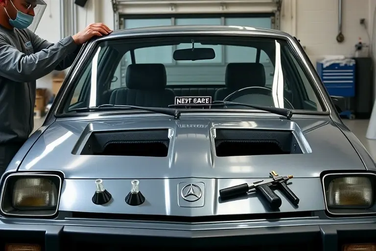 A detailed scene of an AMC Pacer (1975-1980) parked in a garage with a mechanic in protective gear carefully removing the old windshield and installing a new one. The focus is on the car's front end, showing the distinctive rounded shape, the open windshield frame, and tools such as suction cups, a rubber mallet, and a glass cutter. The lighting is bright and realistic, emphasizing the glass and metal surfaces.
