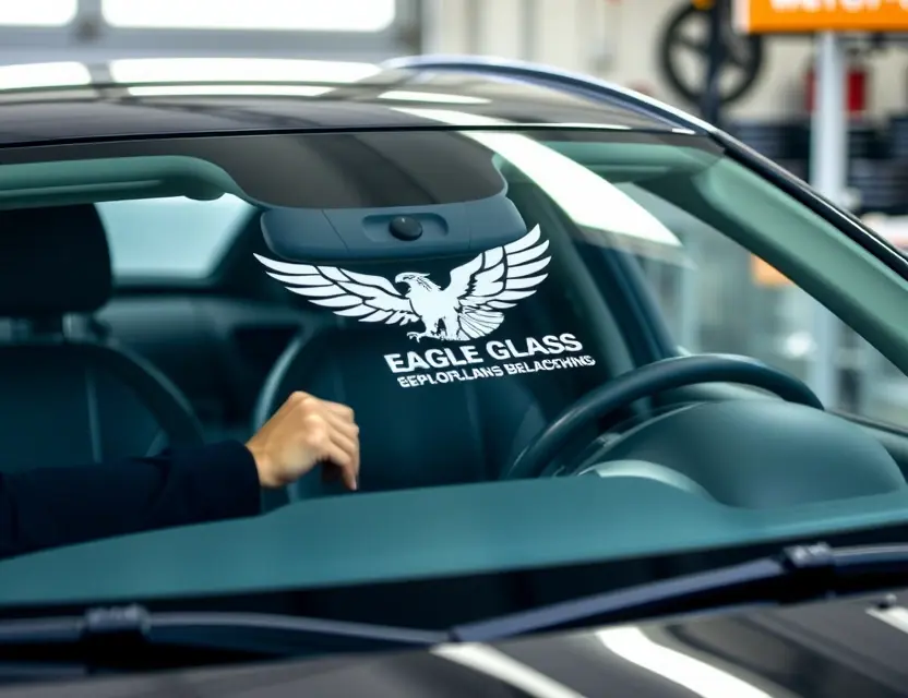 A high-quality image depicting a car windshield replacement service performed by Eagle Glass. The image should show a technician working on a car windshield, with the Eagle Glass logo prominently displayed on the windshield or nearby. The car should be a modern sedan. The scene should be well-lit and professional-looking.