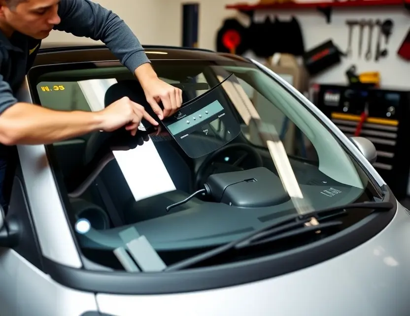 A mechanic is carefully removing a windshield from a Smart car. The car is parked in a garage with tools and equipment visible in the background. Focus on the process of windshield removal, showing the adhesive being cut and the glass being detached.