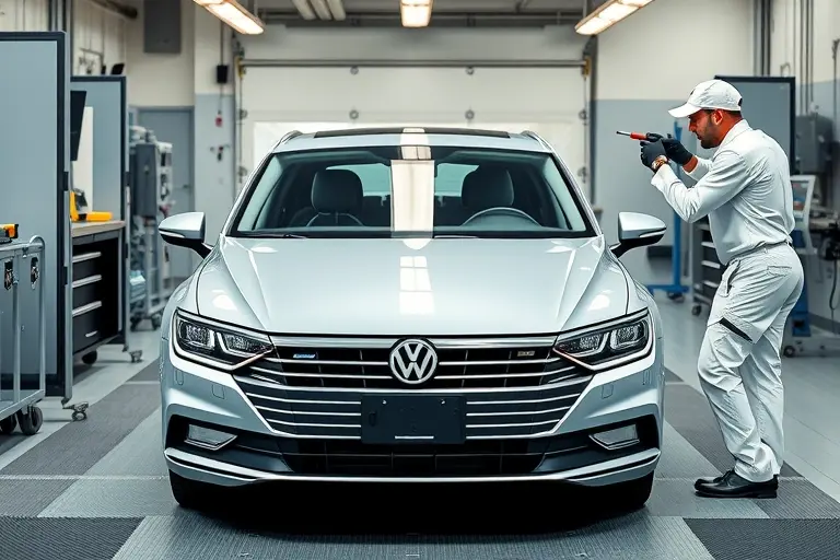 A professional automotive workshop scene showing a Volkswagen Passat B9 eHybrid PHEV 1.5 TSI with its front windshield being carefully removed and a new windshield being installed. The car is positioned centrally, with a mechanic in a clean uniform using appropriate tools (suction cups, trim removal tools) around the windshield area. The focus is on the vehicle and the replacement process, with realistic lighting and a high‑detail, photorealistic style.