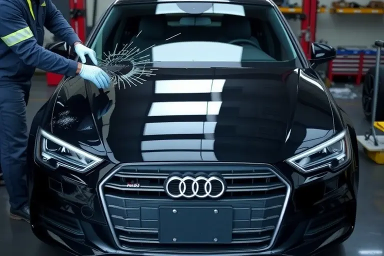 A detailed, realistic scene of an Audi A3 (2016-2020) parked in a workshop with its front windshield being removed. Show a professional mechanic in safety gloves using suction cups and tools to lift the cracked windshield, with a new windshield positioned nearby on a clean workbench. Emphasize the car's distinctive front design, the glass fragments, and the workshop environment with proper lighting.