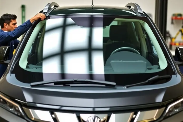 A close-up of a mechanic replacing the windshield of a 2021 Mahindra XUV700 2.2 diesel 185 hp, showing the car's front, the old windshield being removed, the new windshield being installed, with tools and a clean workspace