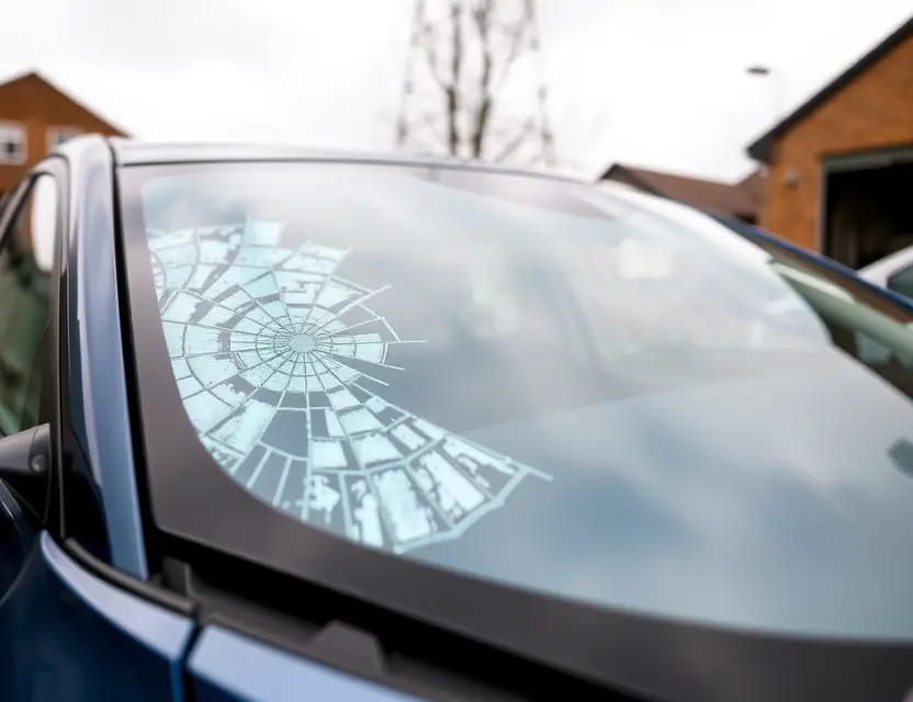 A close-up shot of a Vauxhall Grandland with a cracked windshield, showing the area where the windshield needs replacement. The car is parked outdoors on a slightly overcast day. Focus on the damaged windshield and the surrounding car details.