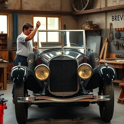 A vintage 1920s Brennabor Typ B automobile in a classic workshop, with a mechanic carefully removing the old windshield and holding a new period-appropriate glass pane, tools like wrenches and a wooden workbench visible, soft natural lighting highlighting the car's chrome and wooden details, realistic yet slightly stylized rendering