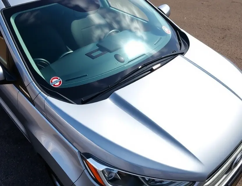 A high-quality image depicting a Ford vehicle with a replaced windshield. The windshield is clear and new, seamlessly integrated with the existing frame. The car is parked outdoors on a clean, paved surface. Focus on the detail of the replacement and the overall condition of the vehicle.