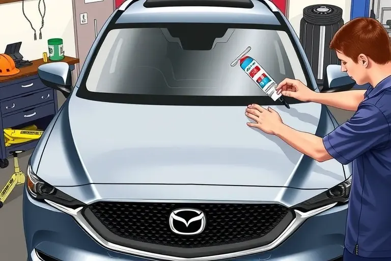 A detailed, realistic illustration of a mechanic replacing the windshield on a 2017 Mazda CX-5 2.5 Skyactiv G. The scene shows the car in a garage, the front of the vehicle partially opened, the old windshield removed and a new one being fitted. Tools such as a suction cup, a windshield adhesive dispenser, and a cleaning brush are visible. The background includes a workbench with automotive parts, a safety helmet, and a car jack. The focus is on the replacement process, with emphasis on the clear glass, the adhesive, and the mechanic's hands.