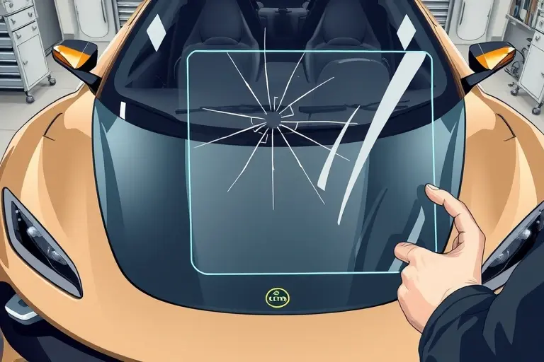 A detailed, high-resolution illustration of a Lotus Eletre (2023) electric car undergoing a windshield replacement. The image should show the front of the car with the old windshield partially removed, a new clear glass panel being fitted, and a mechanic’s hands or tools in the foreground. Emphasize the sleek, aerodynamic design of the Lotus Eletre, the precision of the replacement process, and the contrast between the old, cracked glass and the pristine new pane. The scene should be realistic, with accurate lighting and reflections on the glass, capturing the moment of installation in a clean, professional garage setting.