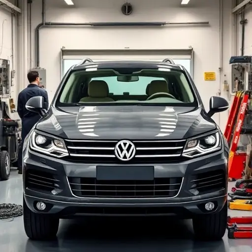 A detailed scene of a professional mechanic in a clean garage replacing the front windshield of a Volkswagen Touareg 3.0 V6 TDI, showing the vehicle from the front with the old glass removed and a new windshield being positioned, surrounded by appropriate tools and safety equipment, realistic lighting and focus on the car and work area