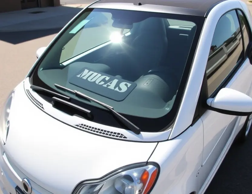 A Smart Fortwo with a replaced windshield, showing the new glass installed. The car is parked outdoors on a sunny day. Focus on the replacement process and the new windshield.