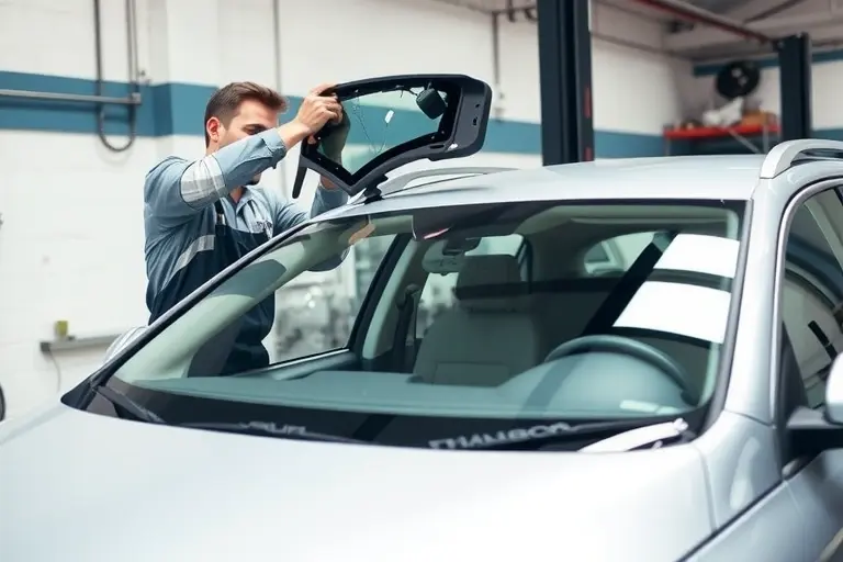A professional mechanic in a clean workshop carefully removing the damaged windshield of a silver Volkswagen Passat B9 2.0 TDI and installing a new clear windshield, with tools and protective equipment visible, focusing on the car and the glass replacement process