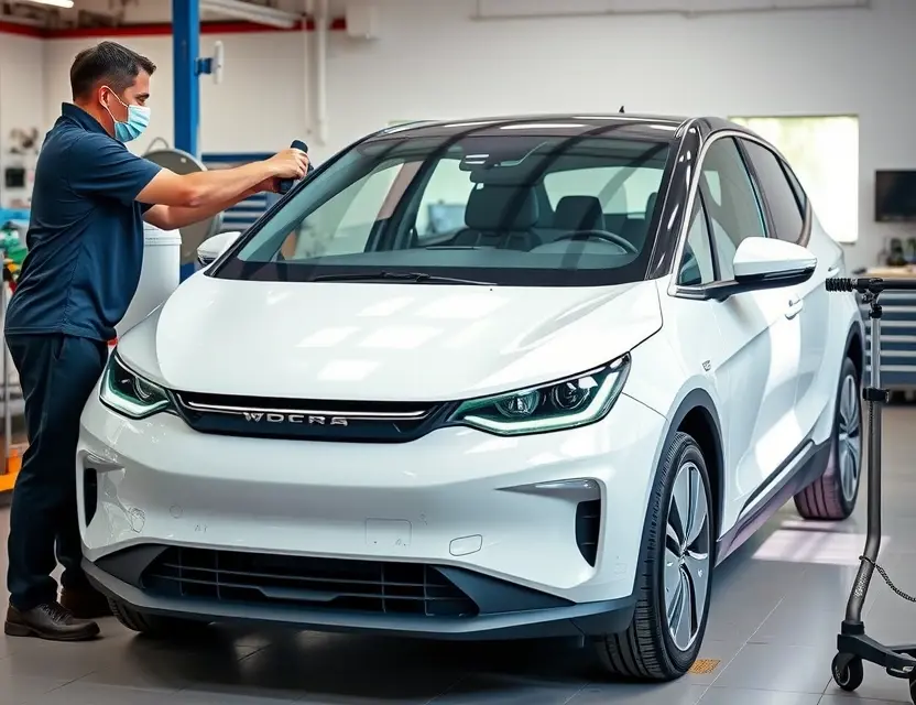 A modern electric car, Aiways U5, with a technician carefully replacing the front windshield using professional tools, clean workshop background, natural lighting, high detail, no people other than the technician, no text or logos on the car or tools