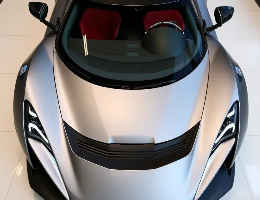 Предлагаем услугу по замене лобового стекла Zenvo ST1 A high-quality, detailed image of a Zenvo ST1 with a replaced windshield. The car should be parked on a clean, slightly reflective surface, possibly a showroom floor. The replaced windshield should be seamlessly integrated with the original, showing no visible seams or imperfections. The lighting should be bright and even, highlighting the car's sleek design. Focus on the windshield replacement as the main subject.