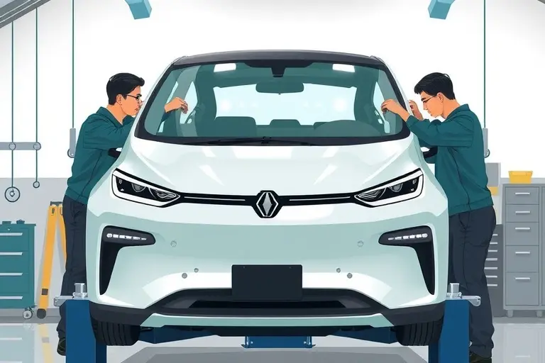 A detailed illustration of a mechanic replacing the windshield on a Neta U electric car (2020 model). The scene shows the car on a lift, the old windshield removed, a new clear glass panel being fitted, with tools and safety gear. The background is a clean garage environment with subtle lighting. The focus is on the car's front, the replacement process, and the new windshield's glossy finish.