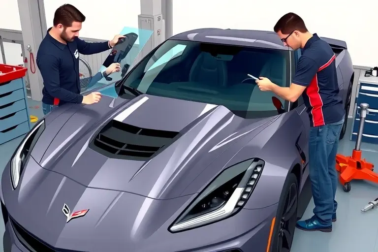 A detailed, realistic illustration of a mechanic replacing the windshield on a Chevrolet Corvette C7 ZR1 6.2 V8 Supercar in a garage. The scene shows the car partially lifted, the old windshield removed, a new clear glass panel being fitted, with tools such as a suction cup, a glass cutter, and a torque wrench visible. The background is a clean workshop with a workbench, a car jack, and a safety harness. The focus is on the precision of the replacement process, the shiny new glass, and the high-performance car's sleek lines.